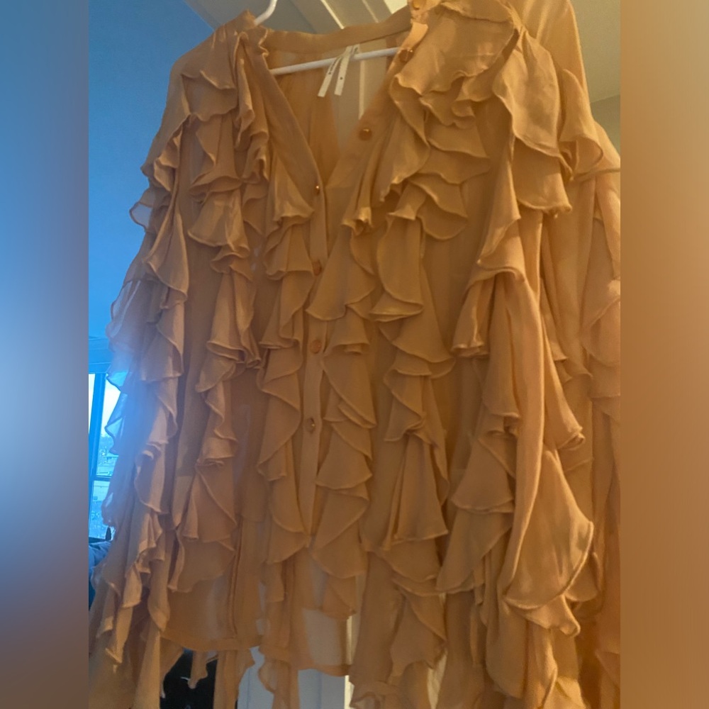 By Anthropologie sheer ruffle button down blouse. Peach. Medium.